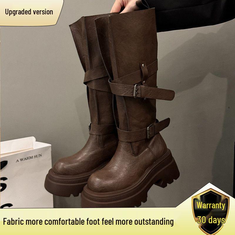 Small Over-the-Knee Height-Increasing Retro Boots with Buckle, Versatile for Autumn, In Stock