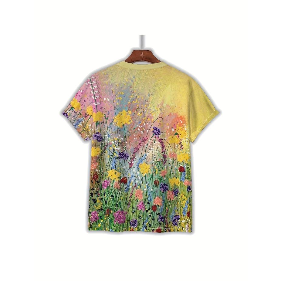 Women's Floral & Butterfly Print Casual T-Shirt - Short Sleeve Round Neck Breathable for All-Season Wear, Ladies T Shirts