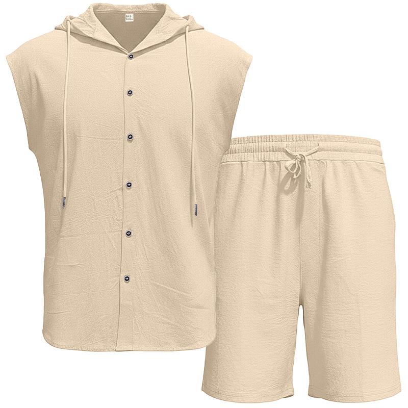 Men Shirt Shorts Two-piece Suit Hooded Sleeveless Shirt Adjustable Elastic Shorts Set Hiking Workout Summer Casual Outfit