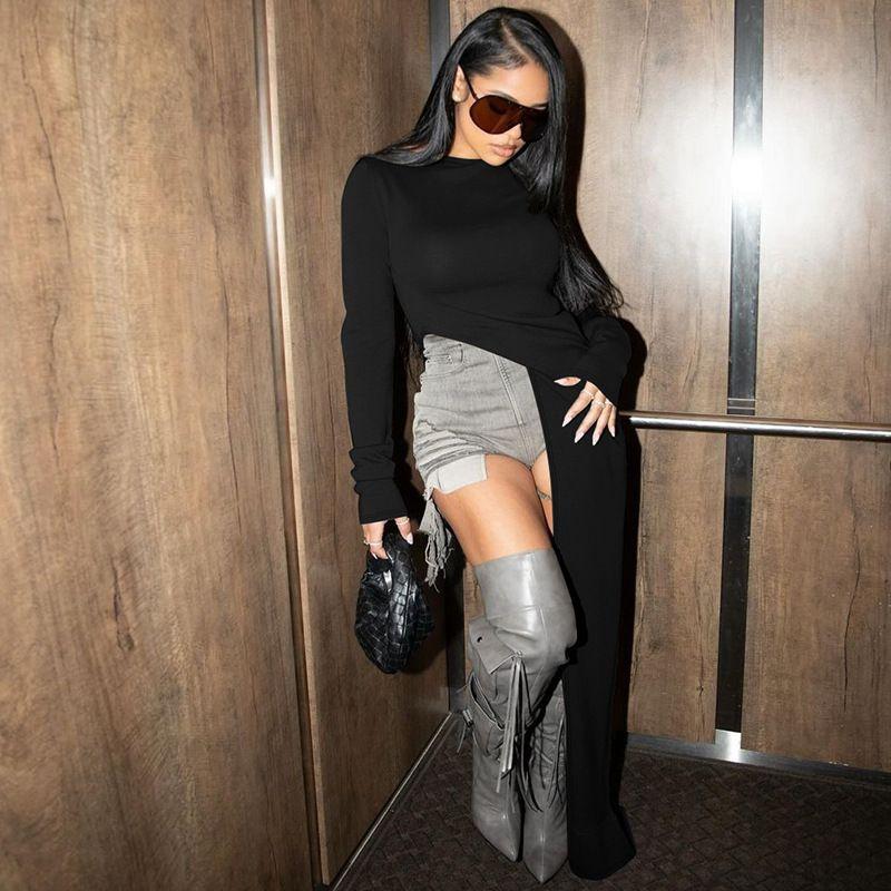 

Splittop New Arrival Women s Clothing Fashion Personality Asymmetric High Slit round Neck Long Sleeves Sexy Silm Pure Color Tops Black S