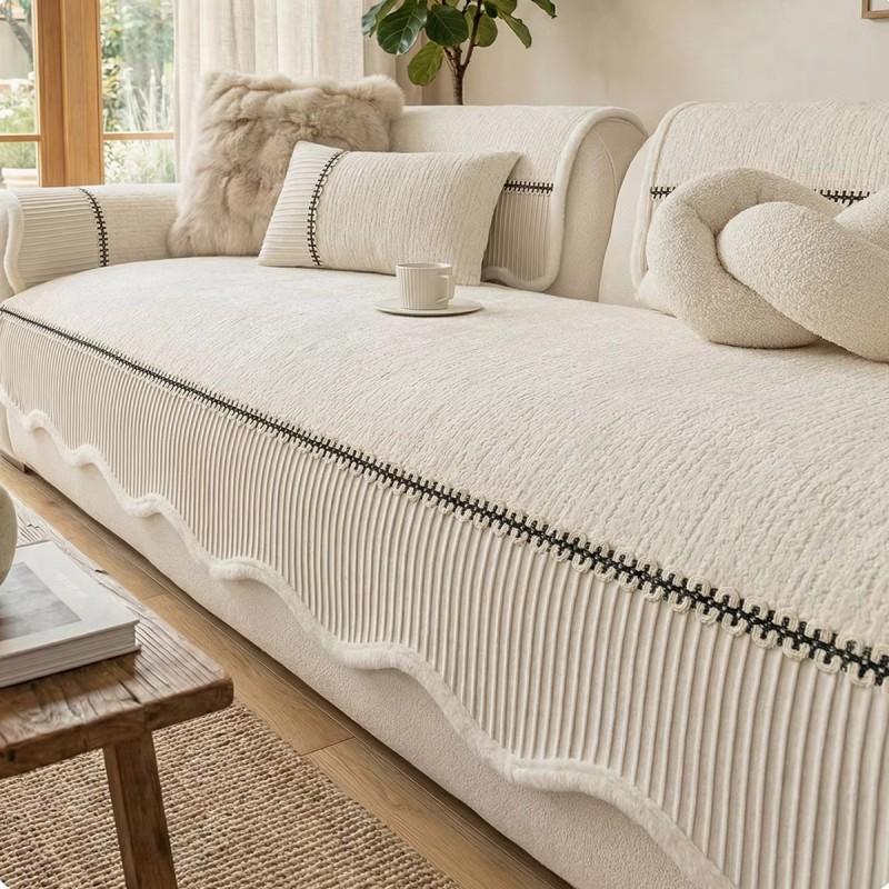 226cm 3-seater Chaise Lounge Sofa Cover Striped Chenille Non-slip Cushion Universal Fit