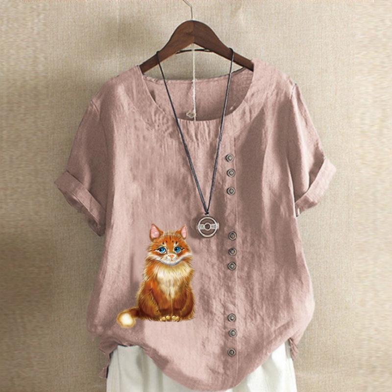 Women's Fashion Round Neck Short Sleeve T-shirt Casual Cotton Linen Graphic Shirt Leisure Loose Cute Cat Prined Summer Blouse Tops Plus Size