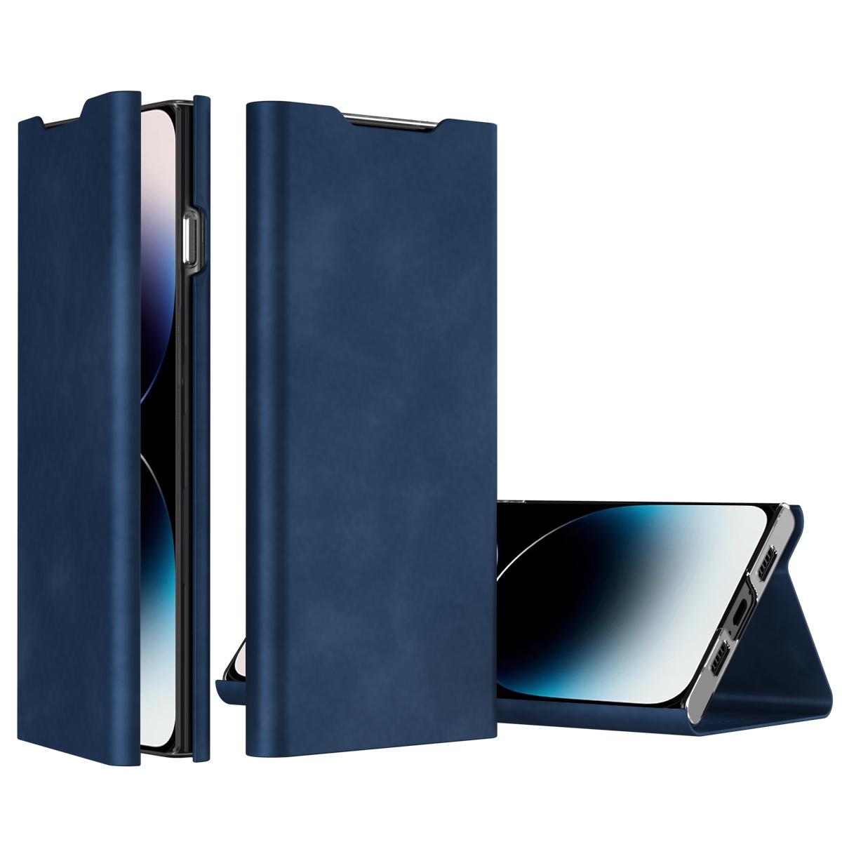 

For iPhone 15 Pro Max Card Holder Phone Case Nappa Texture PU Leather+PC Stand Phone Cover Blue