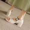 Krazing Pot Microfiber Fashion Thick Med Heels Peep Toe Shoes Metal Buckle Summer Size 43 Size 42 Platform Women Sandals
