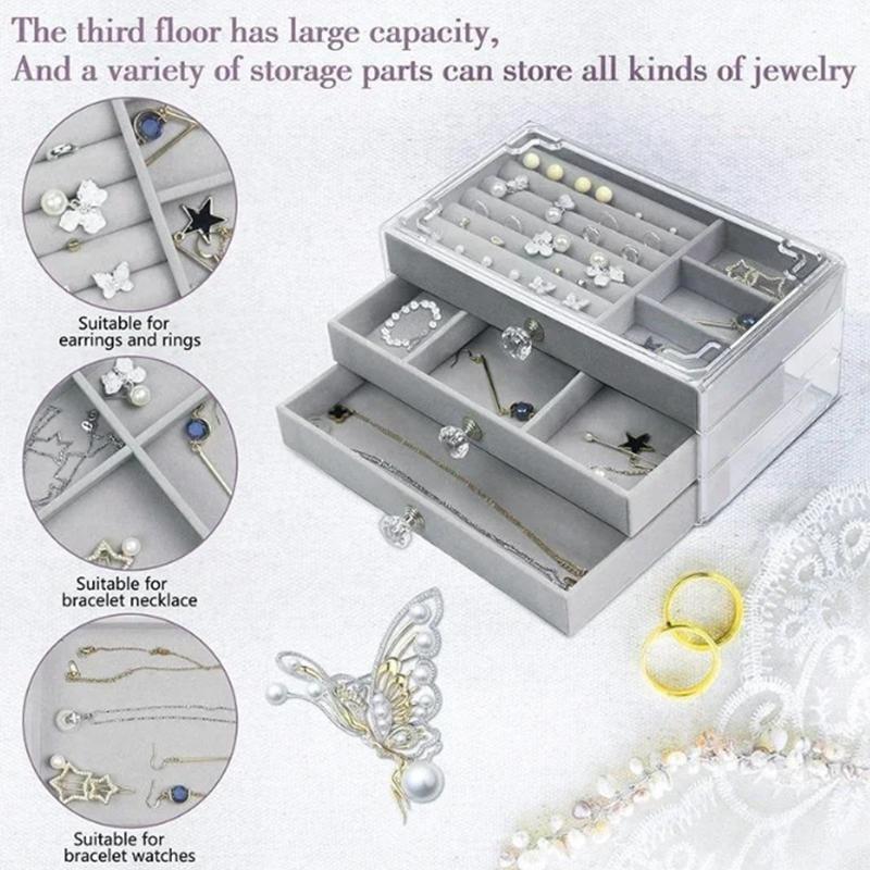 Velvet Jewelry Organizer With 3 Drawers Stackable Display Storage Earrings Necklace Bracelets Box