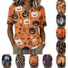 Women's Short Sleeve Henley Neck Shirt Cotton Linen Blend Casual Button Front Top Halloween Pumpkin Print