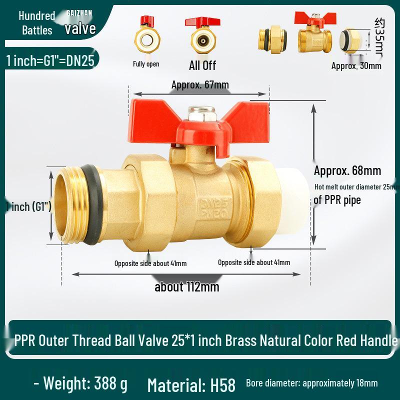 All-Copper 1-Inch PPR Male Thread Ball Valve Splitter with Thickened Live Joint Outlet/Inlet Switch
