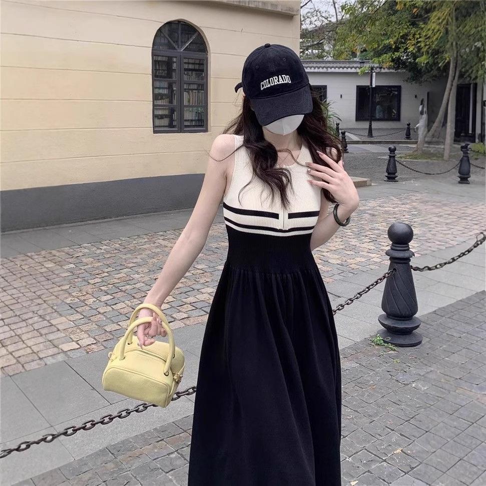 Striped vest dress women's summer Xiaoxiangfeng waist thin splicing contrasting color sleeveless long skirt knitted bottoming skirt