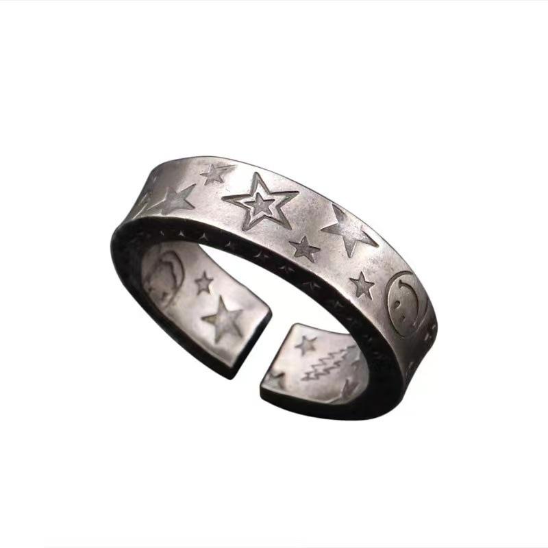DAMAI Pure Silver Five-Pointed Star & Lightning Smiley Open Ring for Men and Women