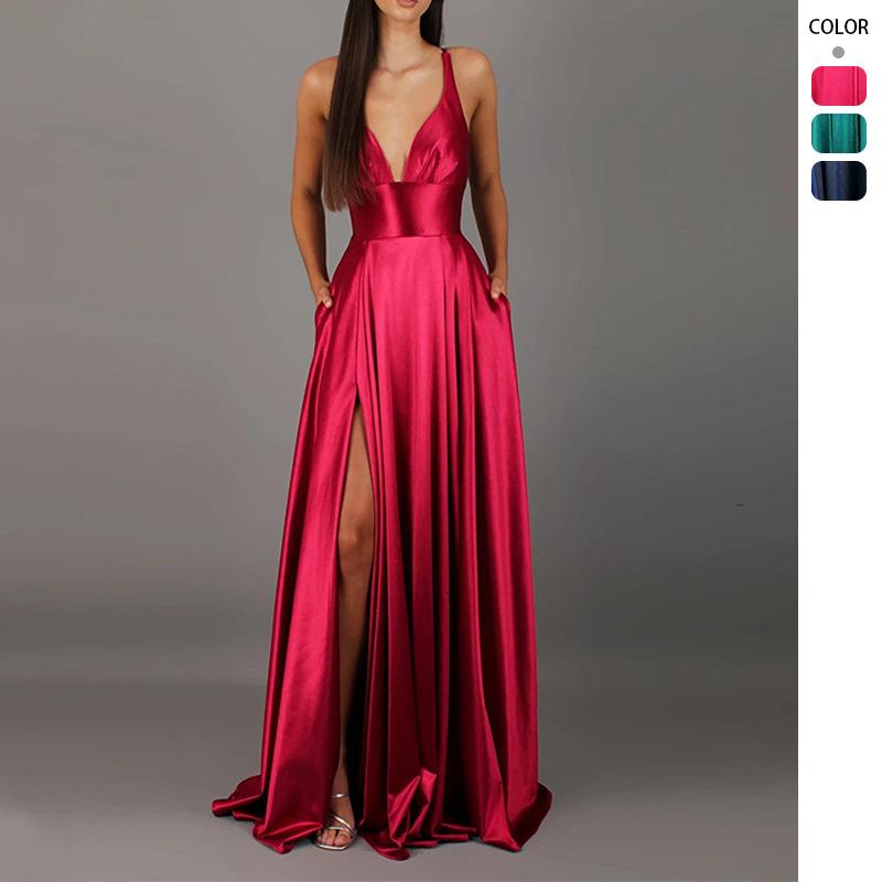 Summer new women's clothing sexy V-neck dress suspender solid color sleeveless fashion evening dress
