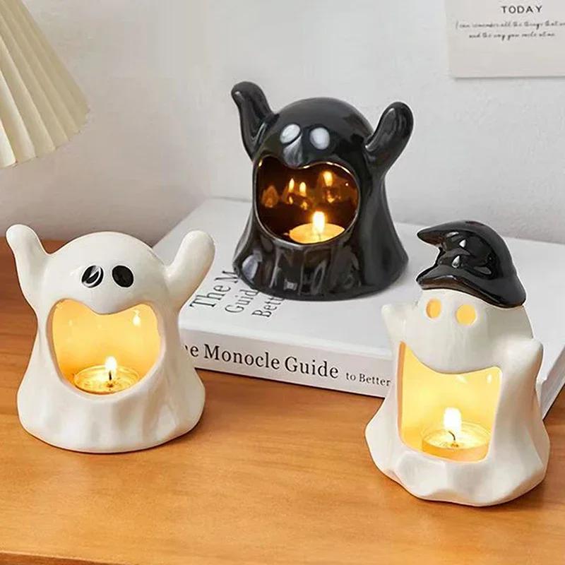 Cute Ghosts Candle Holder Ceramic Ashtray Candlestick Ornaments Hand-made Candle Holder Halloween Festival Seasonal Decoration