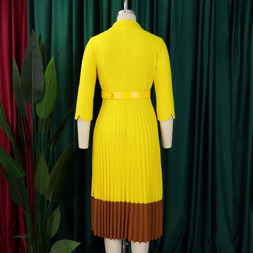 Fashion Full Sleeve Notched Neck Solid High Waist Belt Dress Women Autumn OffiAe Lady Pleated Long Africa Midi Dresses