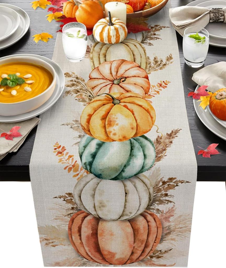 Fall Thanksgiving Pumpkins Linen Table Runner Home Decor Washable Autumn Harvest Kitchen Dining Table Runners Thanksgiving Decor