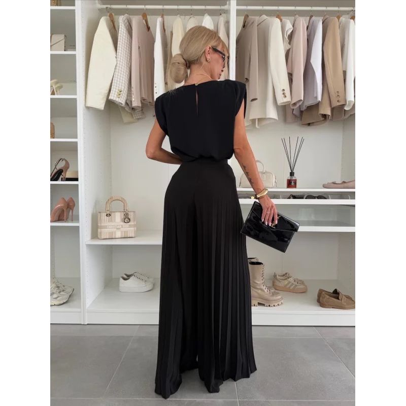 2025 European and American Summer New round Neck Flying Sleeves Top High Waist Pleated Wide Leg Casual Pants Trousers Set Women Suit