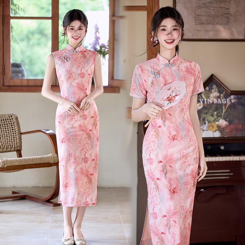 Pink national style traditional Chinese long cheongsam young women's retro slim short sleeves summer