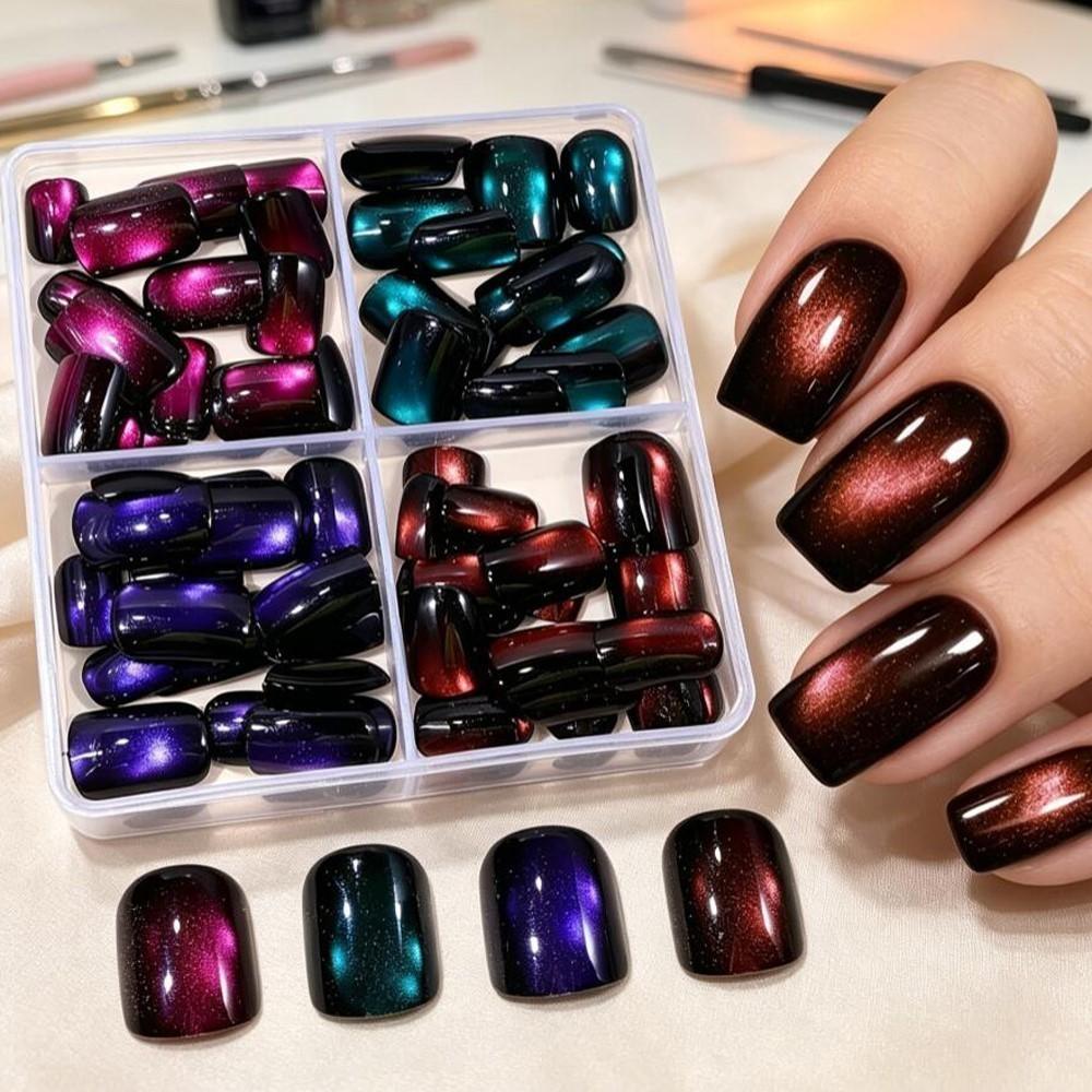 96pcs/box 4colors Glossy Glitter Cat Eye French False Nails Short Square Cat Eye Press On Nails Full Cover Acrylic Fake Nails &3