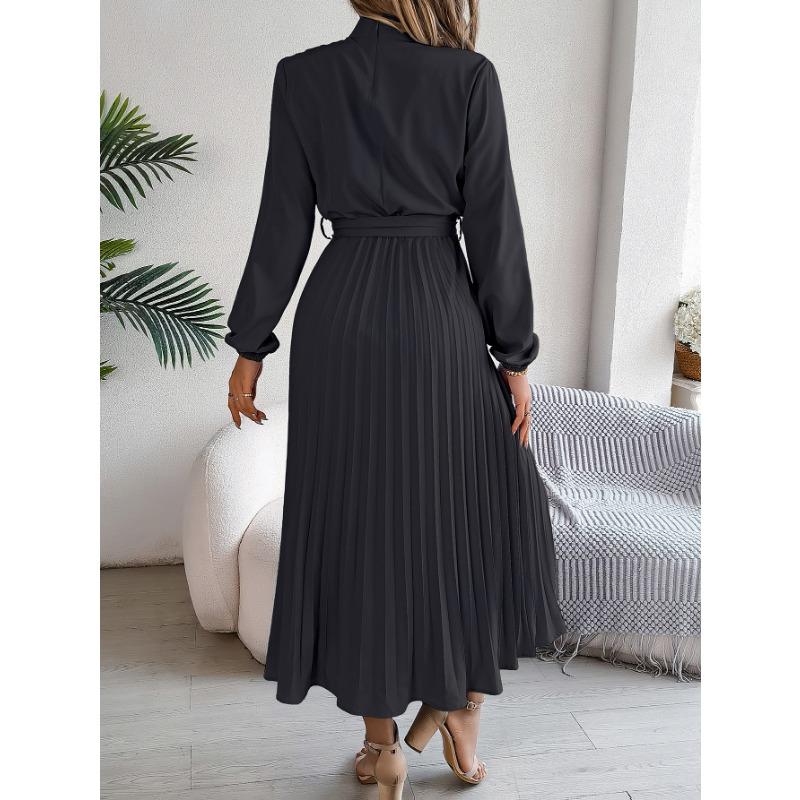 Women's Autumn and Winter Elegant Stand Collar Long Sleeve Waist Pleated Long Dress