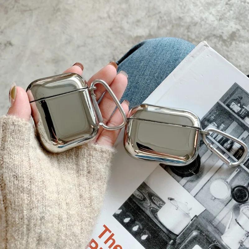 Suitable For Apple AirPods 1 2 3 4 Pro 3 2 Earphone Cover Protective Case Electroplated Mirror Simplicity Silver Case With Hook