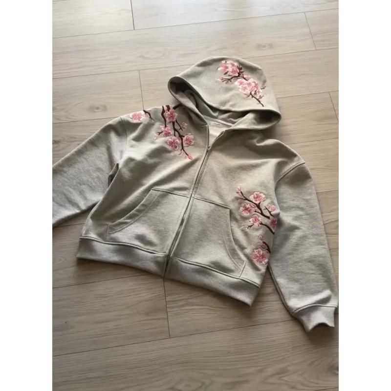 Harajuku Retro Cherry Blossom Print Hooded Sweatshirt Unisex Casual Streetwear Loose Fit