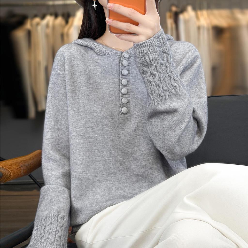 Women's Lace Hooded Knitwear Pullover Sweater - Thickened Autumn/Winter Top