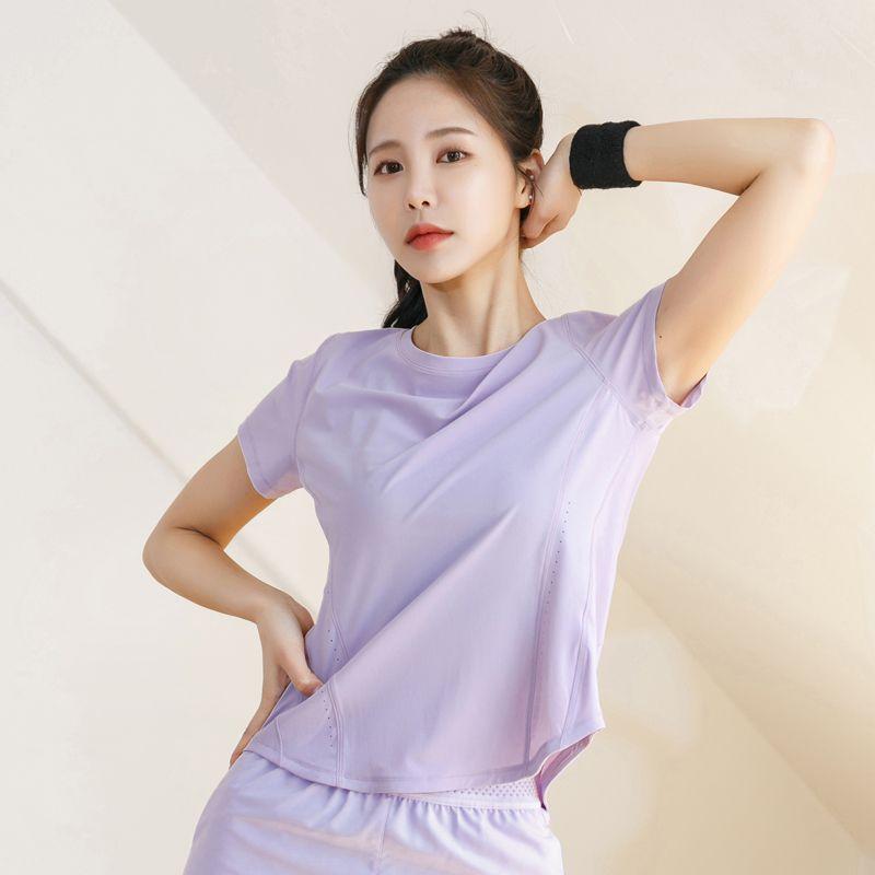 

Yoga Clothes Women s Sports Short Sleeve Tops Outdoor Fitness Running Quick-Drying T-shirt Loose Breathable Summer round Neck Thin Glass purple short sleeves M