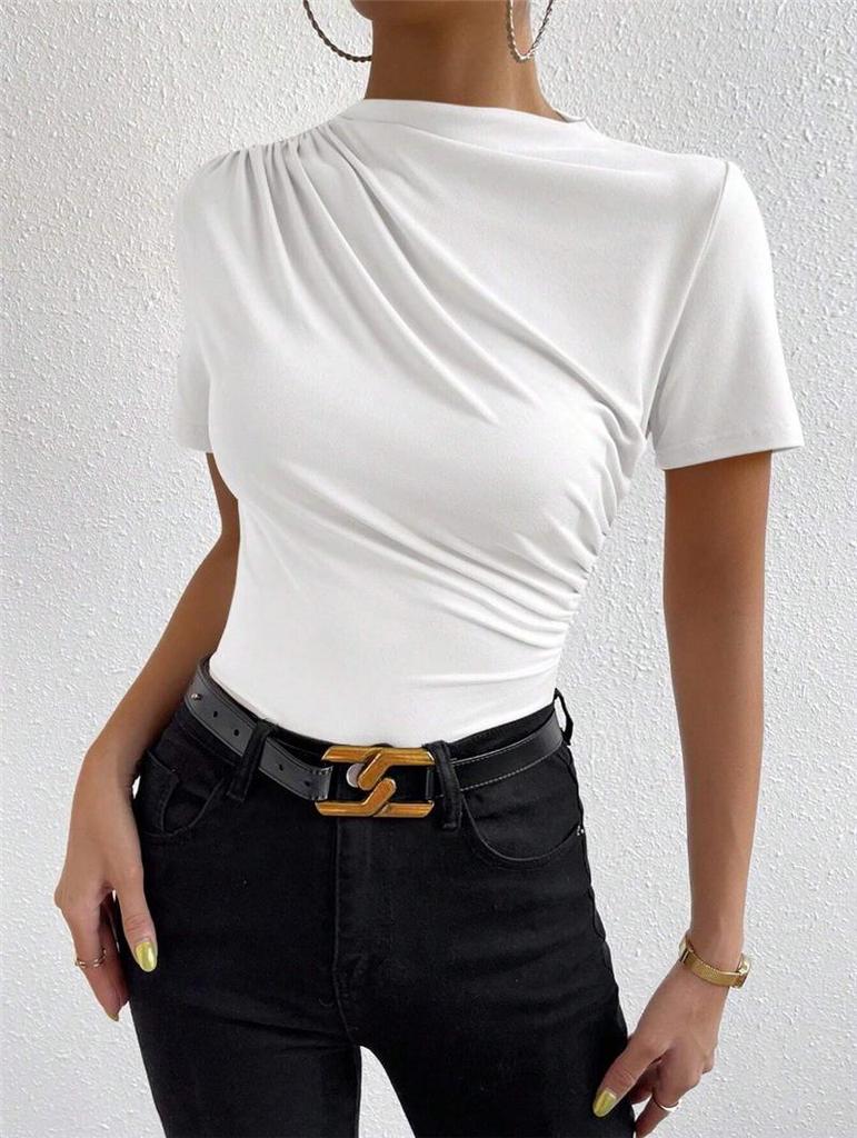 High Neck Ruched Slim-fit Short Sleeve Women's T-shirt 2025 Spring/Summer Collection