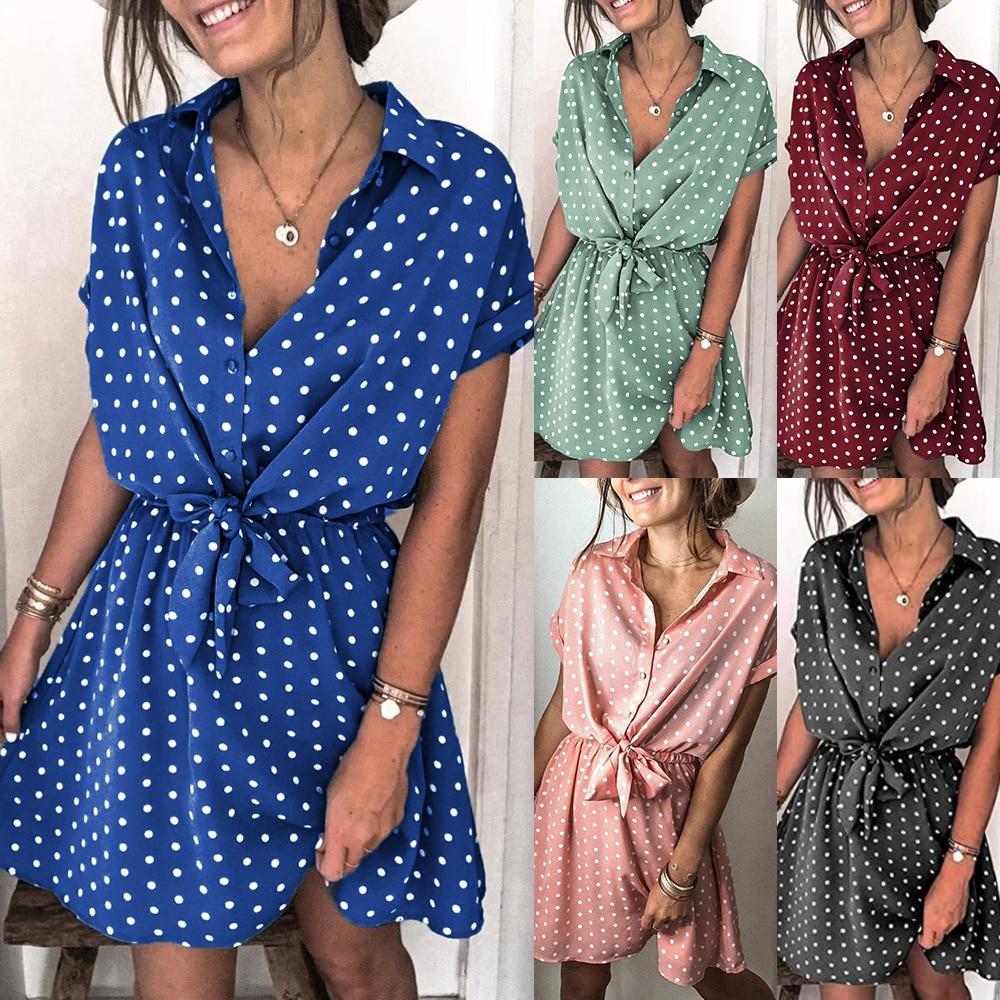 Dresses Office Lady Boho Dot Pattern Women Clothing Black Viscose Bow-Knot Outfits Loose Soft Casual Dress