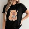 100 Cotton Unisex Round Neck T Shirt Cute Cartoon Capybara Drinking Boba Tea With Pink Heart Print Short Sleeve Casual Tee