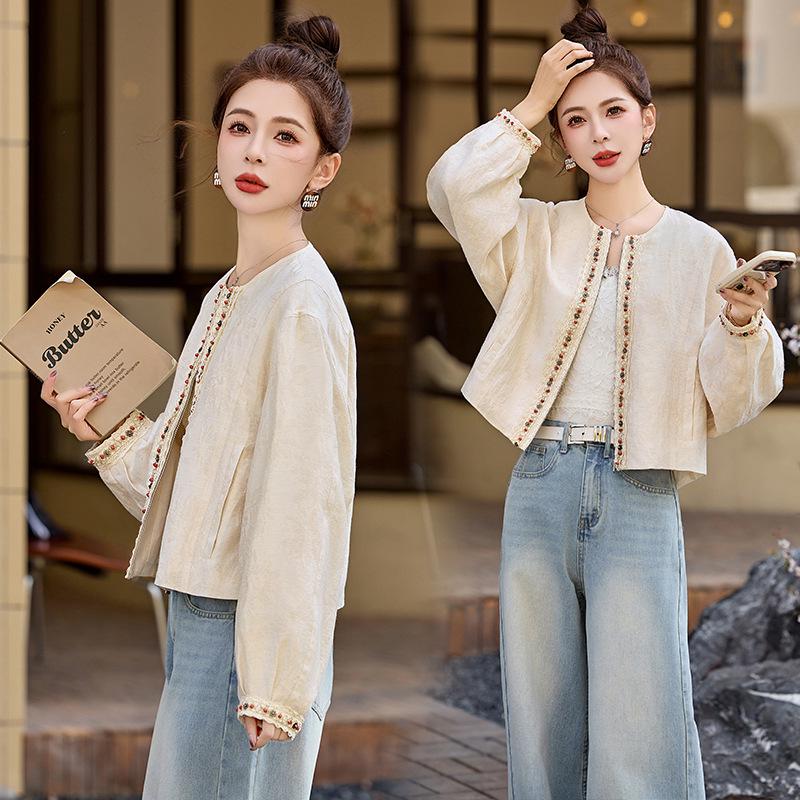 

Женское льняное весеннее пальто с бисерным декором, круглым вырезом, омолаживающее, универсальный стиль - WN1002 M (90-120 Jin)