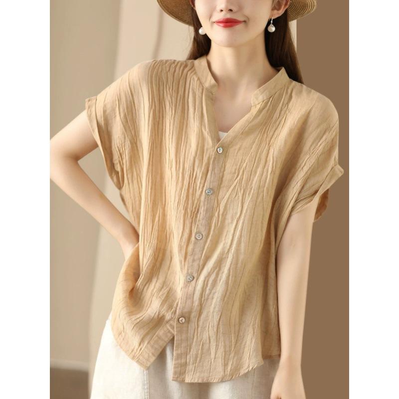 Sommer Retro Plissee Blusen & Hemden Kurzarm Damen Shirt V-Ausschnitt Strickjacke