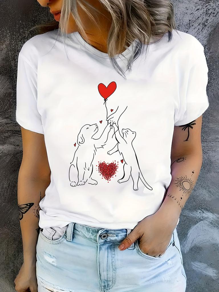 Dog & Cat Print T-Shirt Casual Crew Neck Sleeve Top for Spring Summer Women's Clothing Summer Short Sleeved Harajuku Streetwear