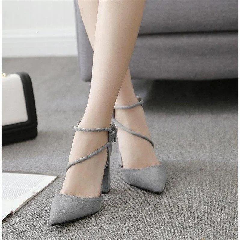 Black Pointed Thick Heel High Heels Female 2025 Spring New Suede Medium Heel Strappy Sandals Korean Versatile Women Shoes Pumps