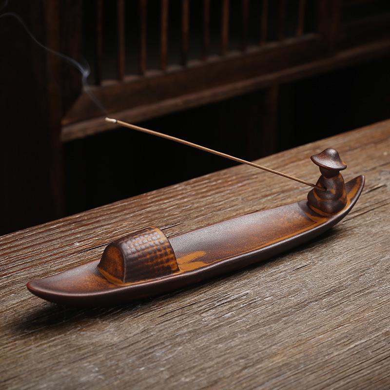 Chinese Style Retro Fishing Line Incense Burner, Home Decoration with a Flat Boat Lying Incense Diffuser Incense Pedestal