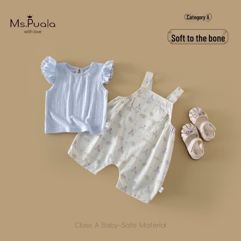 

MS.PUALA Baby Girls Summer Short Sleeve & Suspender Pants Set 110 cm