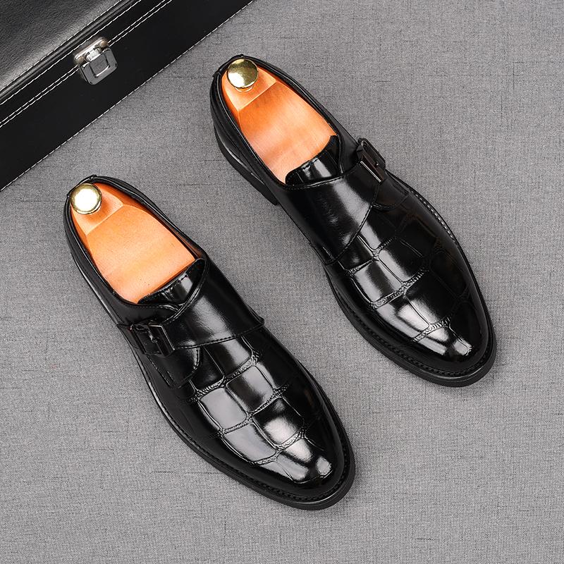 Fashion New Men's Alligator Pattern Monk Strap Loafers Pointed Slip On Business Flats Shoes Designer Homecoming Wedding Dress Footwear