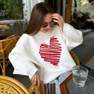 Damen Pullover mit Herzstickerei Valentinstag Freizeit Langarm Rundhals Lockerer Pullover Herbst Winter Weicher Strickmantel