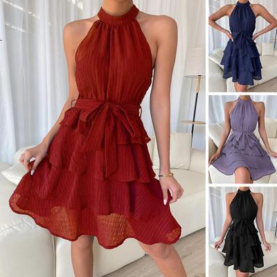 Women Halter Sleeveless Dress Ruffle Layered Swing Dress Loose Lightweight Elegant Solid Color