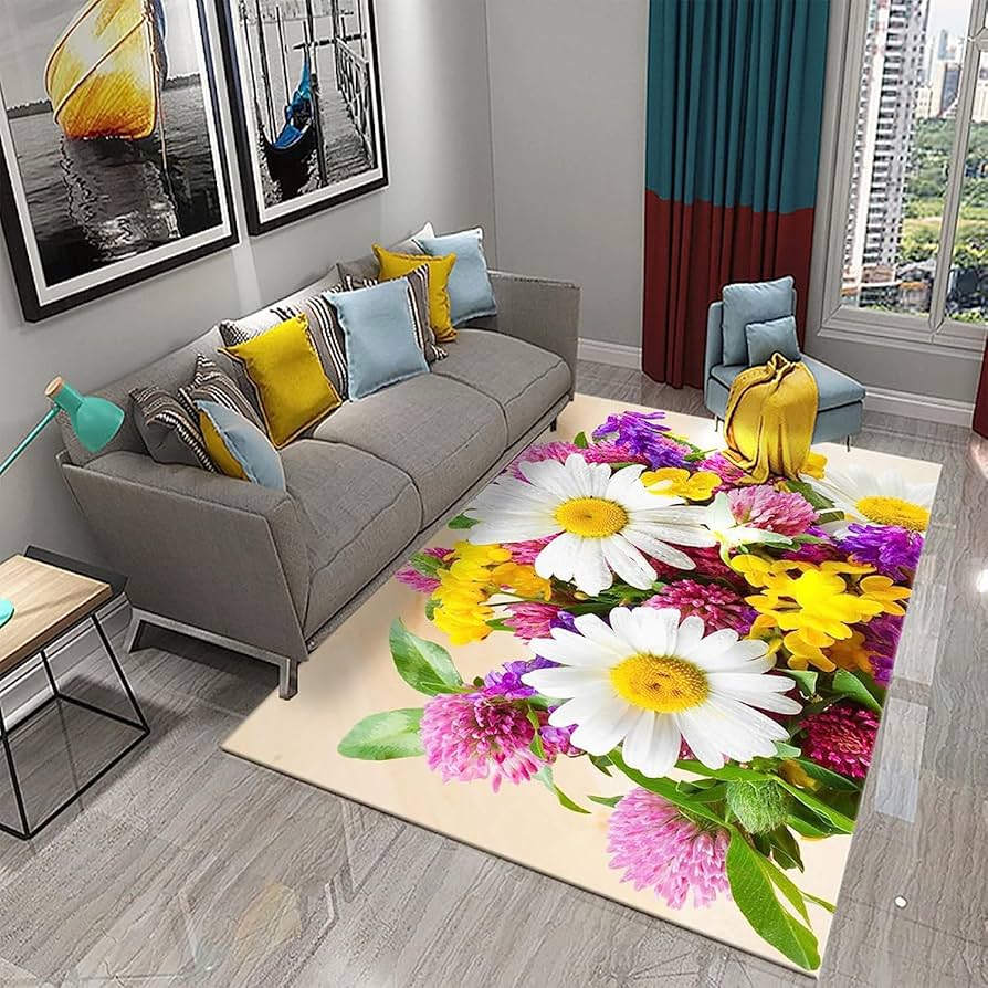 Colourful Daisy Wild Plant 3D Carpet Rug for Home Living Room Bedroom Sofa Doormat Decor,kids Play Area Rug Non-slip Floor Mat