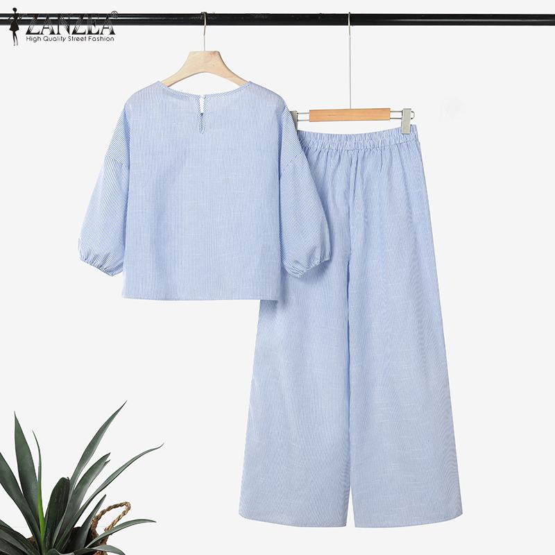 ZANZEA Damen 3/4-Ärmel Bluse und Hose Lässige Streifenprint Zweiteilige Sets