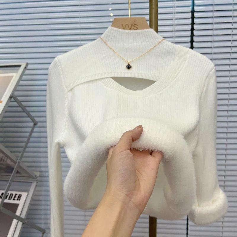European Style Half High Neck Hollow Knit Women's Fleece Lined Sweater - Warm Autumn & Winter Base Layer