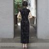 Black Velvet Floral Brocade Qipao Dress Women Vintage Chic Long Fit-and-Flare Sleeveless Style