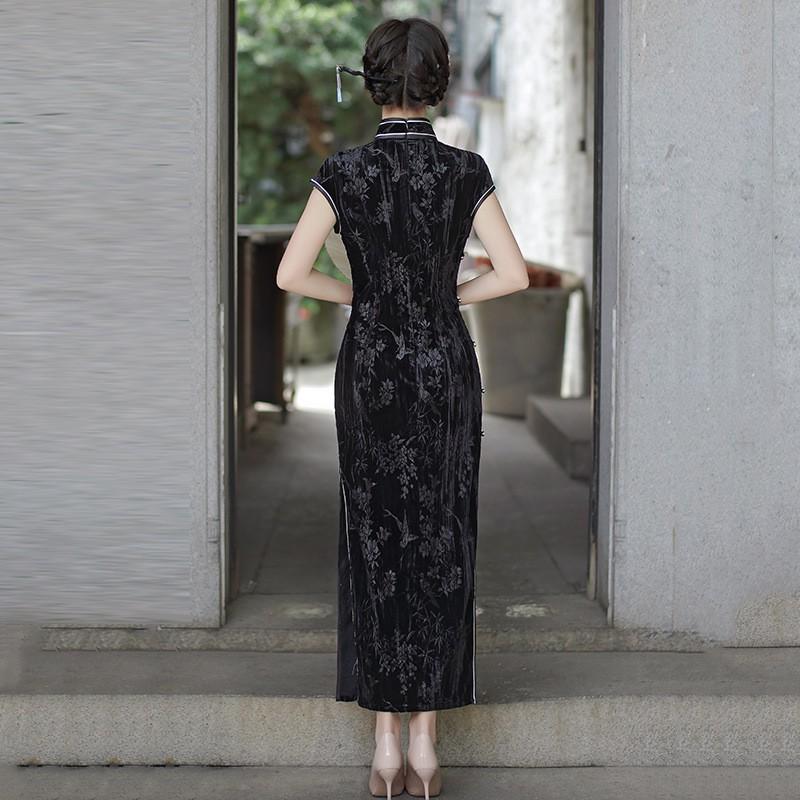 Black Velvet Floral Brocade Qipao Dress Women Vintage Chic Long Fit-and-Flare Sleeveless Style