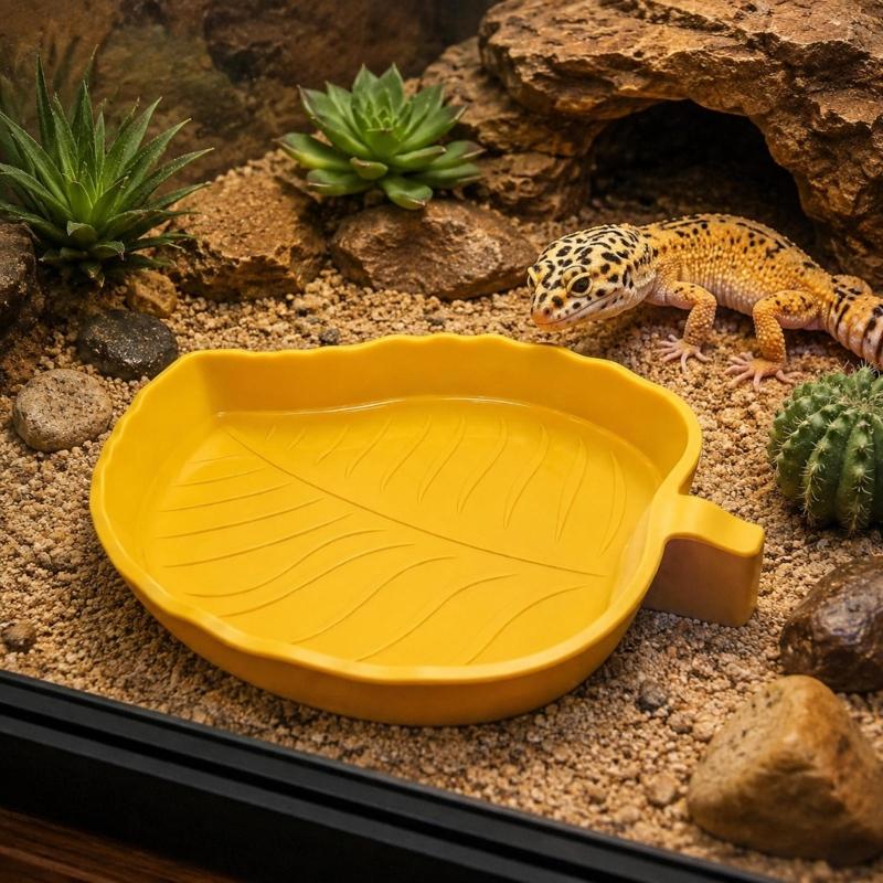 Molded Plant-Form Bowl Pair for Small Herps, Textured Plastic Dishes with Open Interiors for Food or Drinking Water