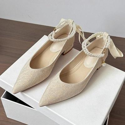 Stylish Square Heel Single Shoes Women's Pointed Toe Shallow Mouth Beaded Bow Non-Slip Low Heel Shoes