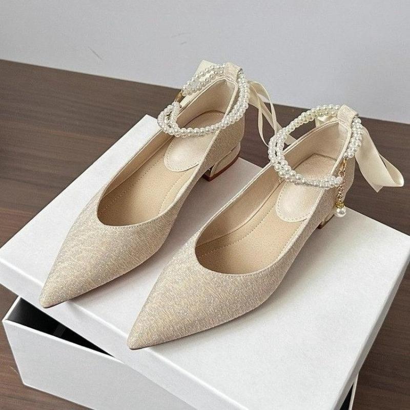 Fashion Stylish Square Heel Single Shoes Women's Pointed Toe Shallow Mouth Beaded Bow Non-Slip Low Heel Shoes