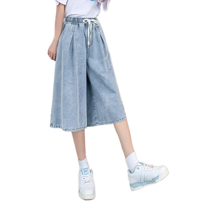 Plus Size High-Waisted Denim Capris - Summer Thin, Loose, Wide-Leg Mid-Length Pants (Fits Up to 200 Jin)