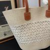 Handwoven Straw Tote Bag with Leather Handles Woven Pattern Summer Beach Bag Casual Everyday Use