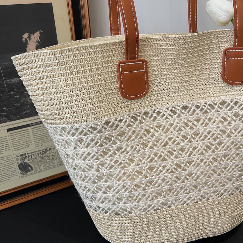 Handwoven Straw Tote Bag with Leather Handles Woven Pattern Summer Beach Bag Casual Everyday Use