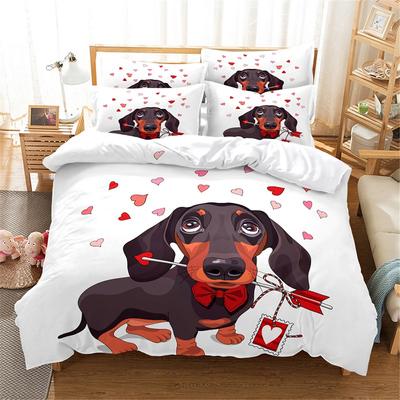 Red Love Cartoon Dog Duvet Cover Dachshunds Animals Theme for Dog Lovers Gifts Bedroom Decorations for Children Teens Women Men
