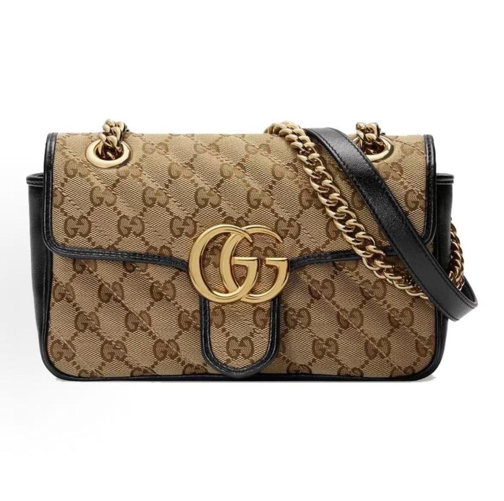 Gucci Gg Marmont Gold-Labeled Logo Aged Flower Pattern Chain Quilted Canvas Single Shoulder Messenger Bag